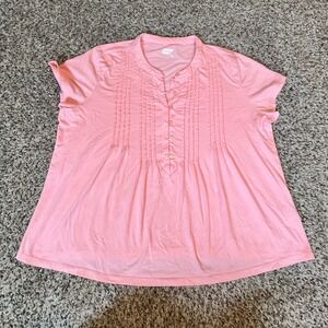 Lands End Women Pink Pintuck Henley Short Sleeve Cotton Modal Top Large RN168874